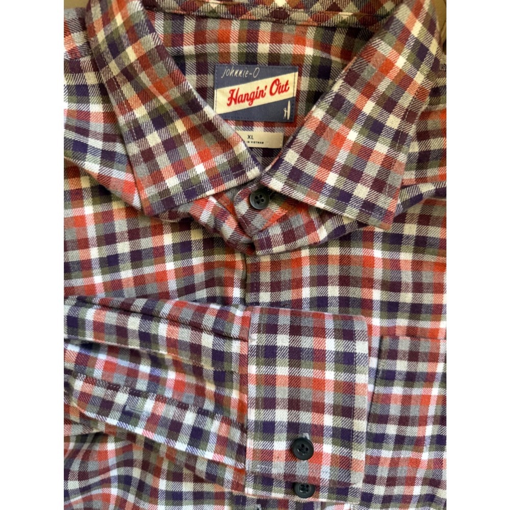 Johnnie-O Hangin Out Mens XL Plaid Button Down Shirt Red Navy Cotton Stretch